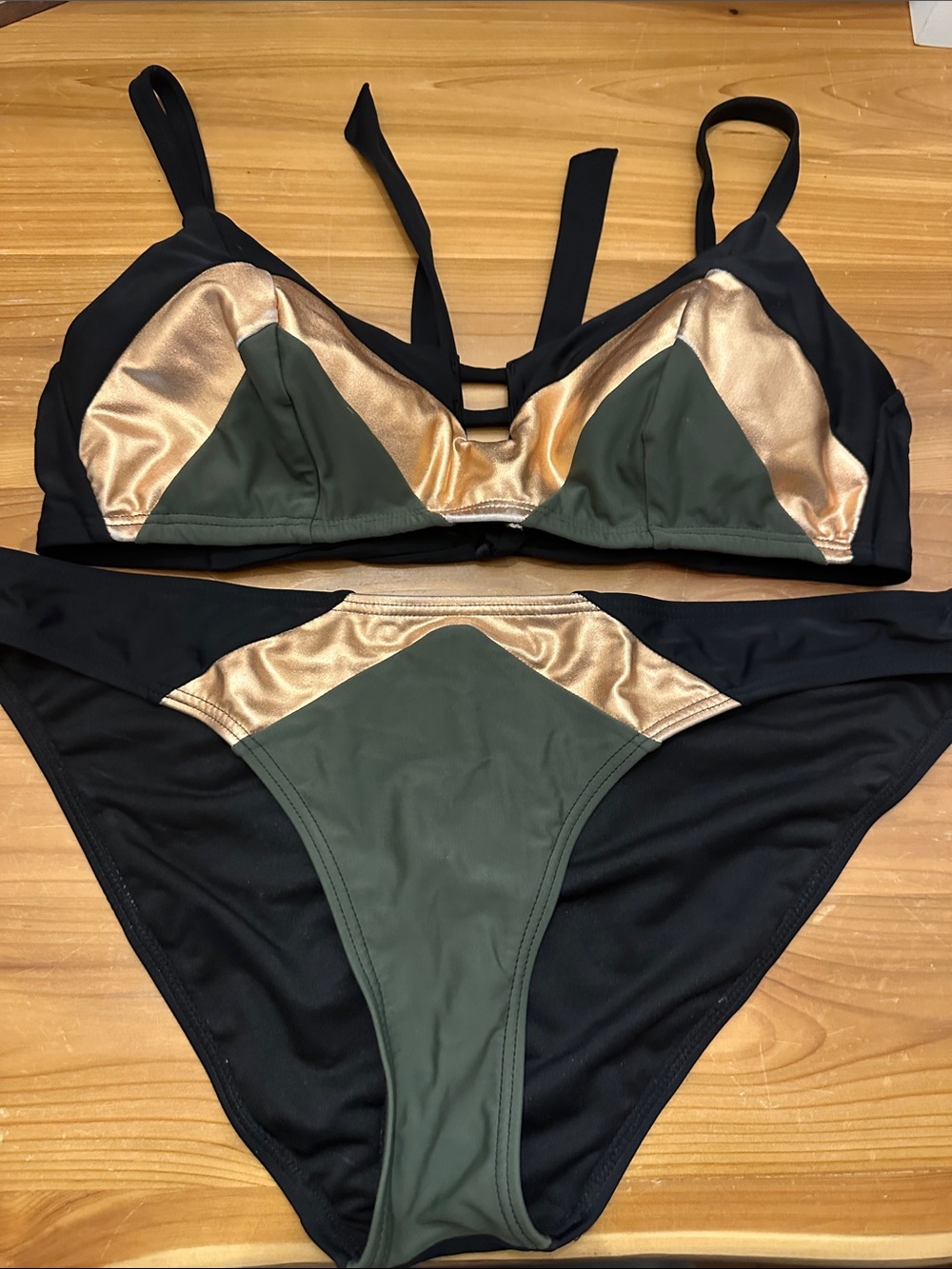Xhilaration Black, Olive & Gold Color-Block Bikini Set xl DD D